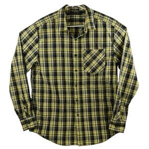Sean John Mens XL Button Down Pocket Black and Yellow Plaid Shirt Tailored Fit